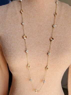 Vtg. Gold Long Station Necklace with Crystal Accents
